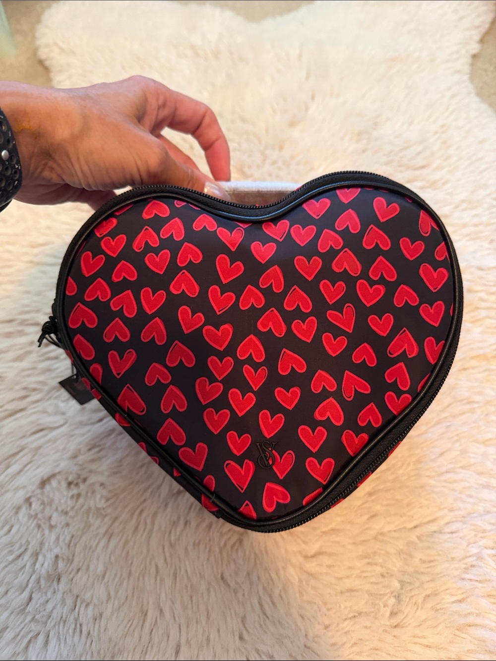 Victoria's Secret Black Heart-Shaped Cosmetic Case with Red Heart Print
